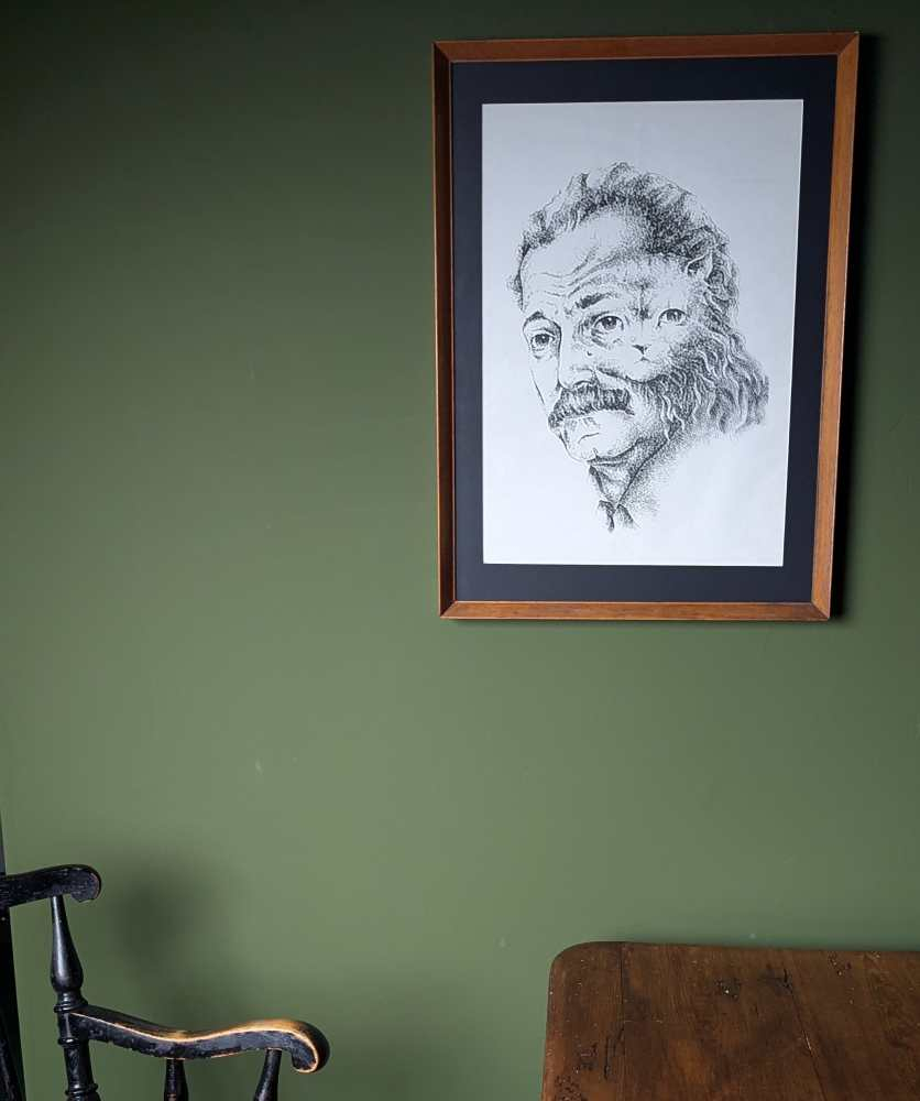 1960s Georges Brassens merged with a cat, illustration in midcentury frame - Image 2