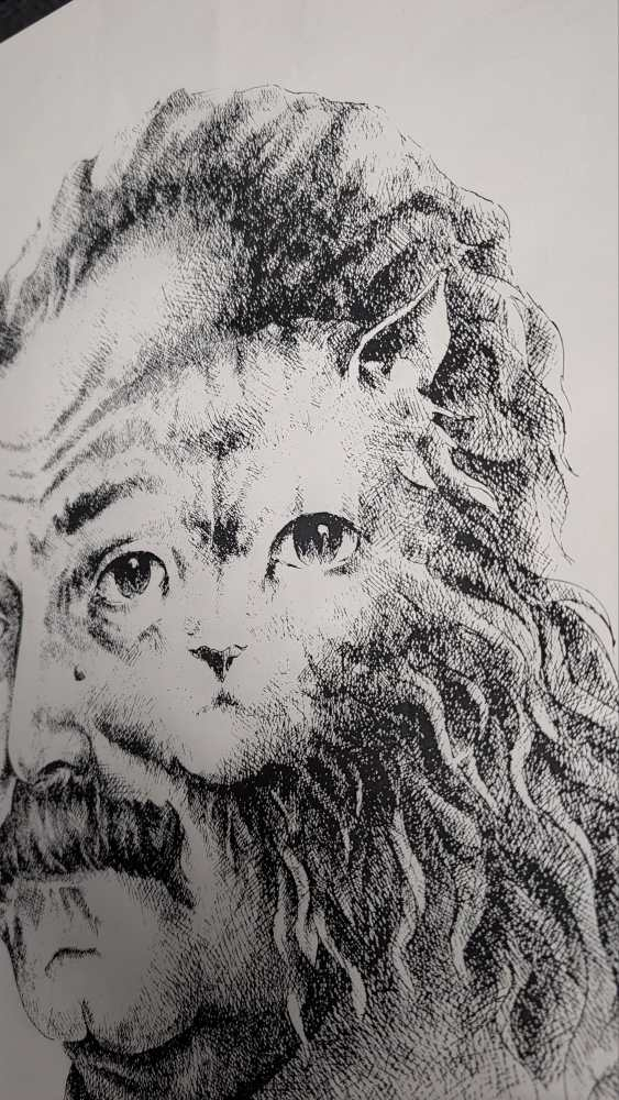 1960s Georges Brassens merged with a cat, illustration in midcentury frame - Image 6