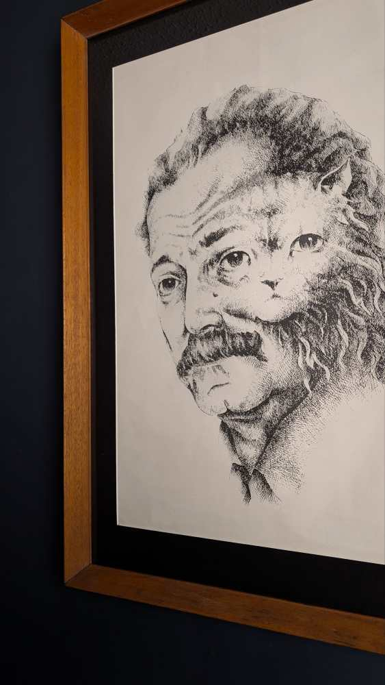1960s Georges Brassens merged with a cat, illustration in midcentury frame - Image 9