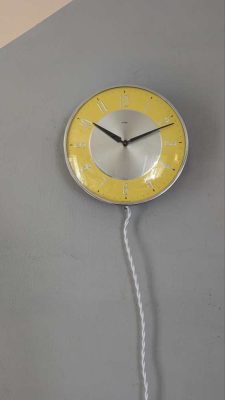 1960s Metamec yellow electric wall clock, new twill cable and plug