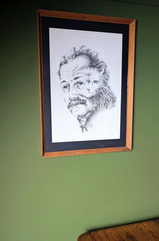 1960s Georges Brassens merged with a cat, illustration in midcentury frame - Image 14