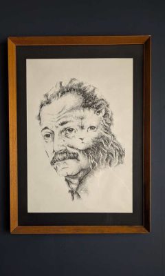1960s Georges Brassens merged with a cat, illustration in midcentury frame
