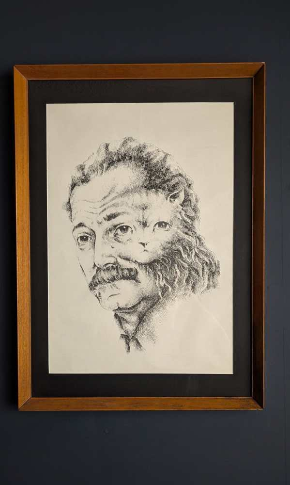 1960s Georges Brassens merged with a cat, illustration in midcentury frame