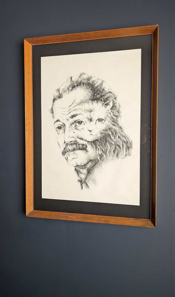 1960s Georges Brassens merged with a cat, illustration in midcentury frame - Image 5