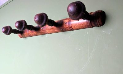 French bamboo style early 1900s dark-stained pine wood coat rack