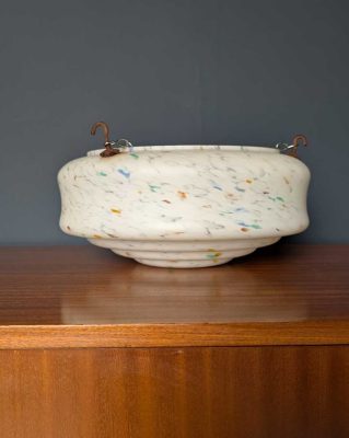 c.1930s Art Deco mottled opaline glass 'fly catcher' pendant light shade and chains