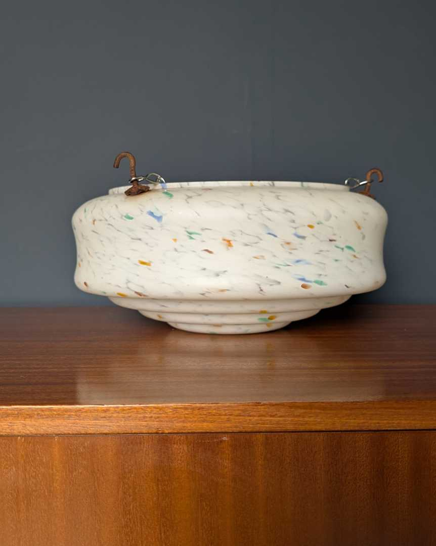 c.1930s Art Deco mottled opaline glass 'fly catcher' pendant light shade and chains