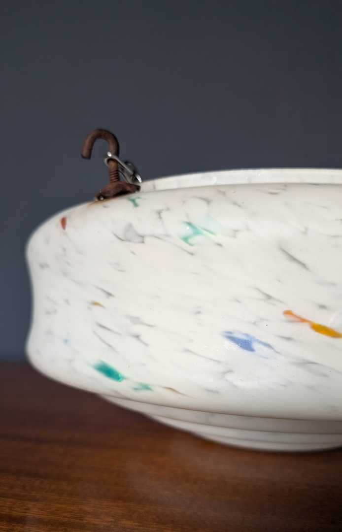c.1930s Art Deco mottled opaline glass 'fly catcher' pendant light shade and chains - Image 9