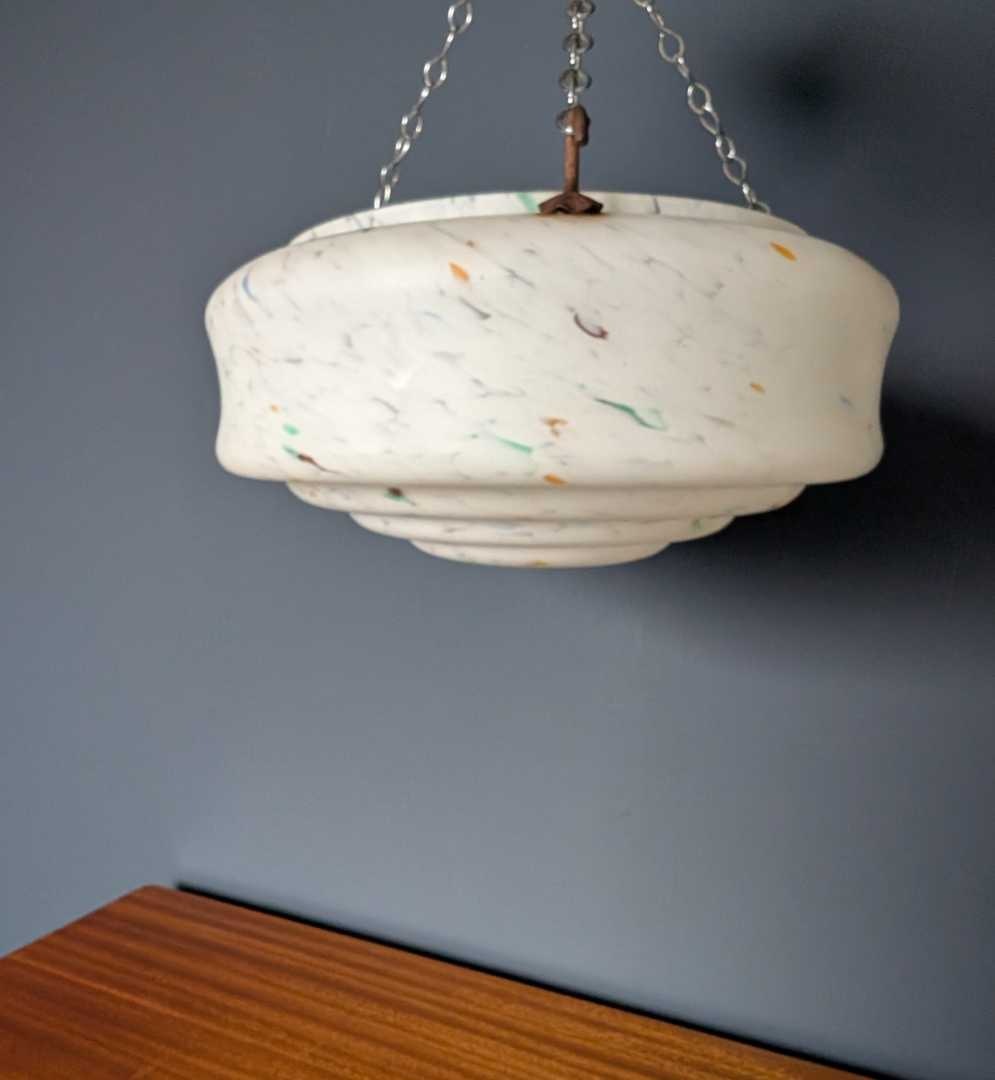 c.1930s Art Deco mottled opaline glass 'fly catcher' pendant light shade and chains - Image 2