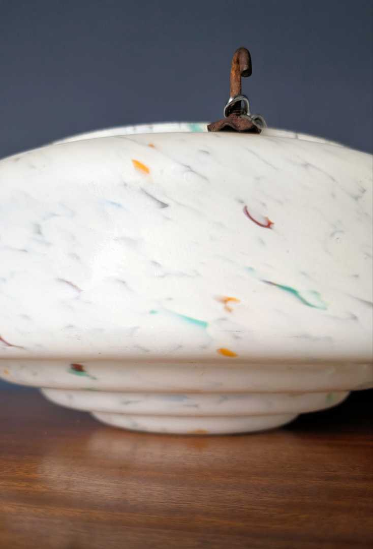 c.1930s Art Deco mottled opaline glass 'fly catcher' pendant light shade and chains - Image 7