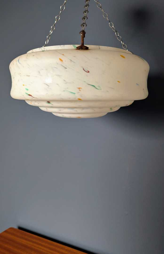 c.1930s Art Deco mottled opaline glass 'fly catcher' pendant light shade and chains - Image 6