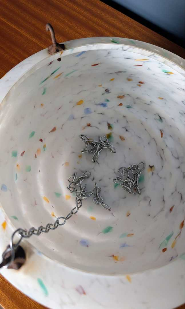 c.1930s Art Deco mottled opaline glass 'fly catcher' pendant light shade and chains - Image 10